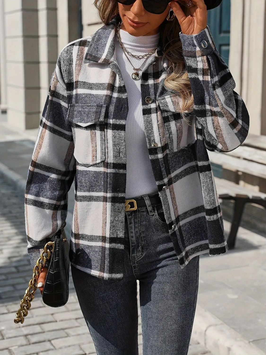 Plaid Button Up Drop Shoulder Jacket sold by Charming Charlie product image thumbnail 2