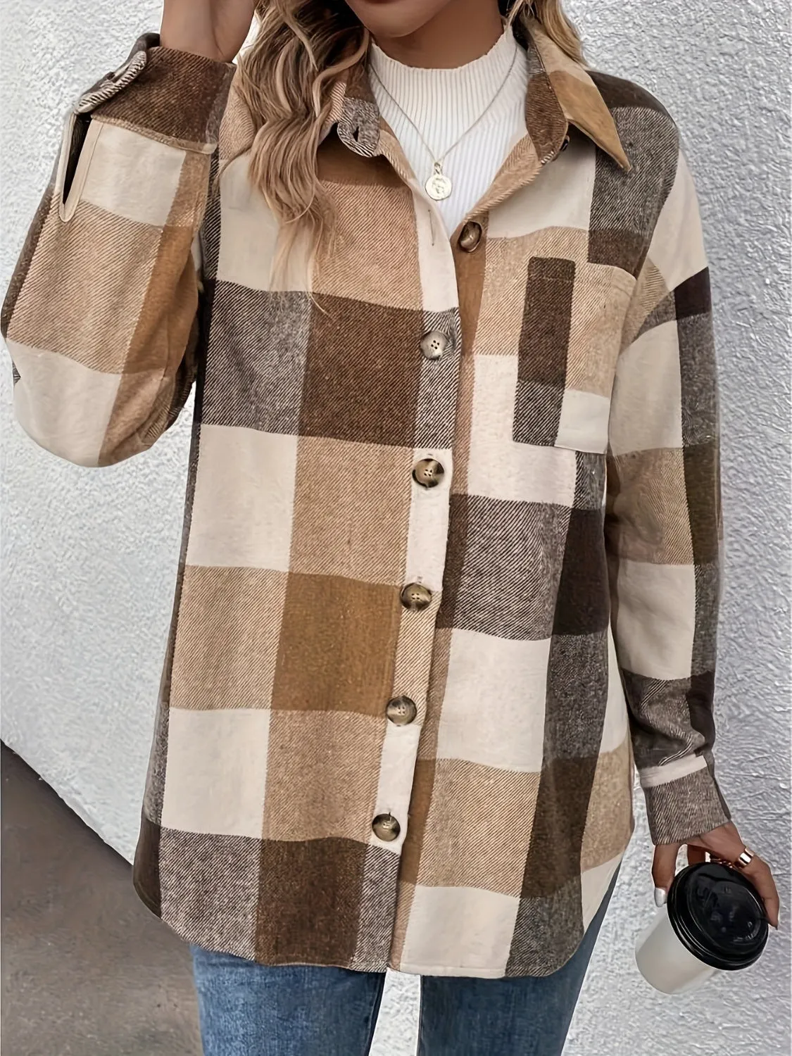 Curved Hem Plaid Collared Neck Shacket sold by Charming Charlie product image thumbnail 5