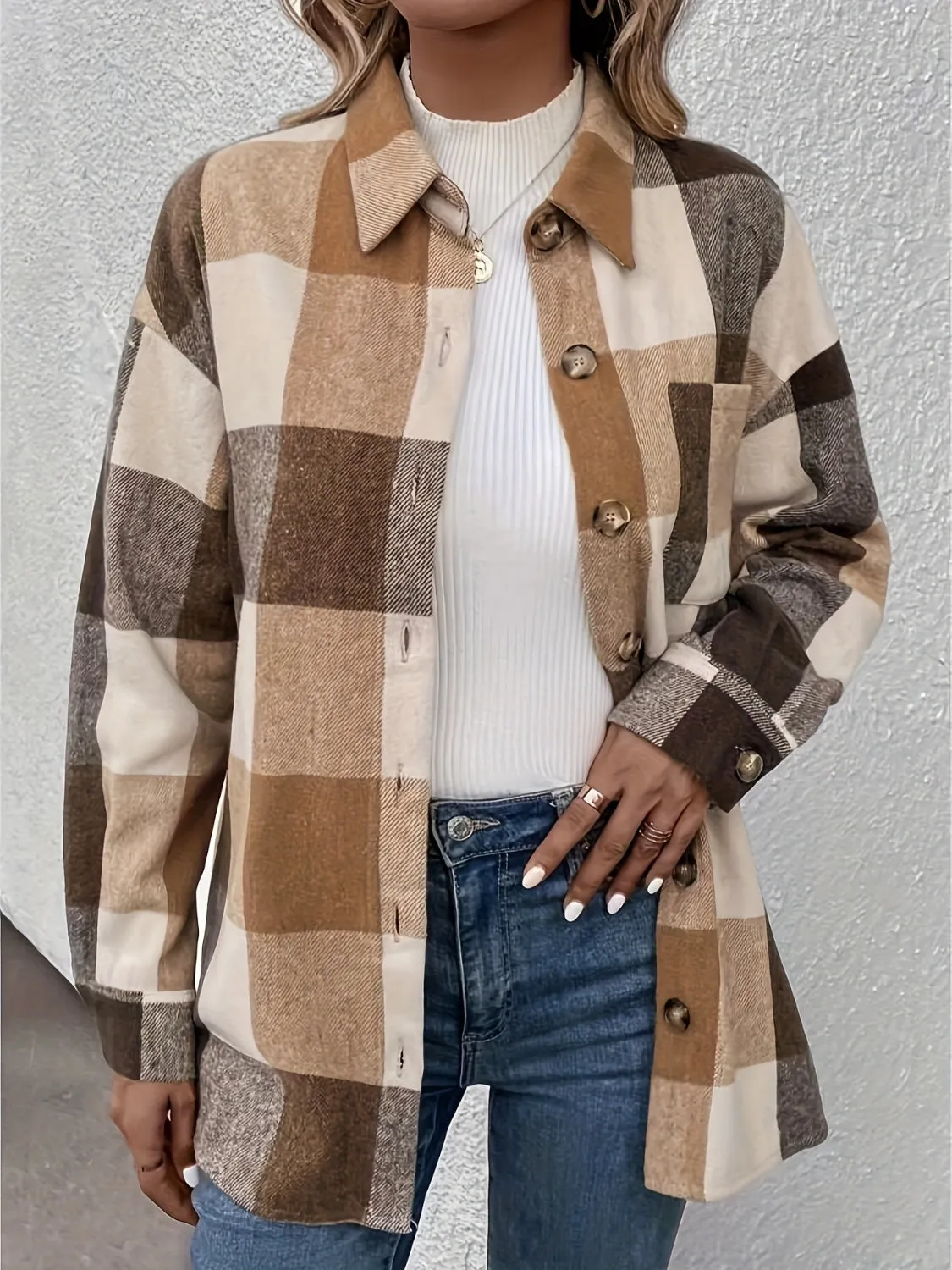 Curved Hem Plaid Collared Neck Shacket sold by Charming Charlie product image thumbnail 4