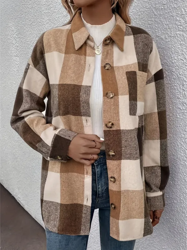 Curved Hem Plaid Collared Neck Shacket sold by Charming Charlie