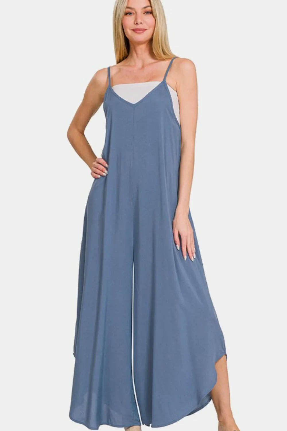 Zenana Spaghetti Strap Wide Leg Overalls with Pockets sold by Charming Charlie product image thumbnail 2