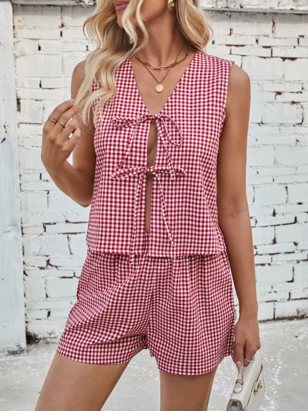 Lovelet Tied Plaid V-Neck Vest and Shorts Set sold by Charming Charlie