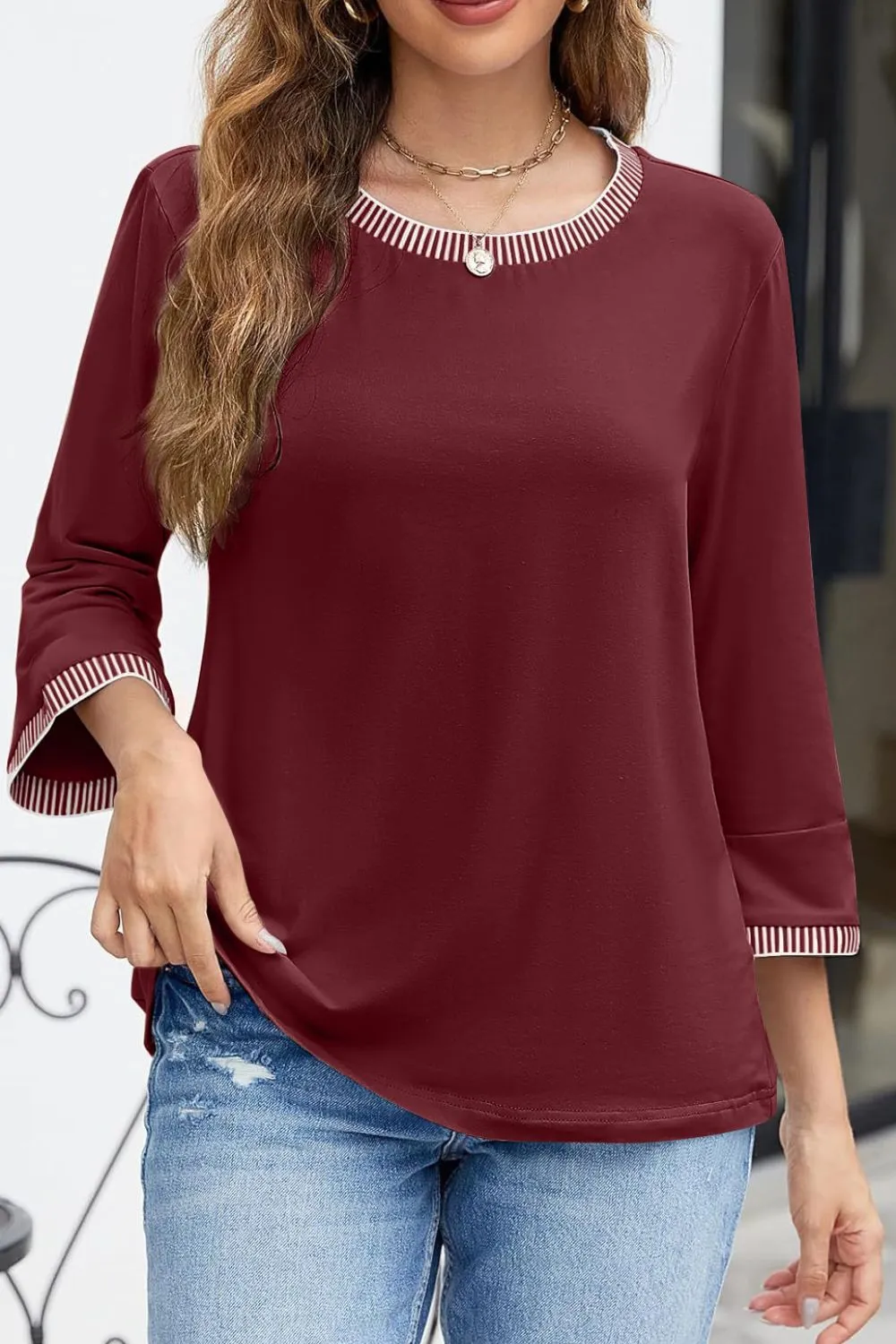 Contrast Trim Round Neck Three-Quarter Sleeve T-Shirt sold by Charming Charlie product image thumbnail 3