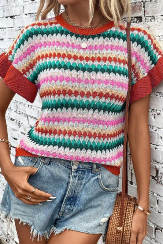Contrast Round Neck Short Sleeve Sweater sold by Charming Charlie