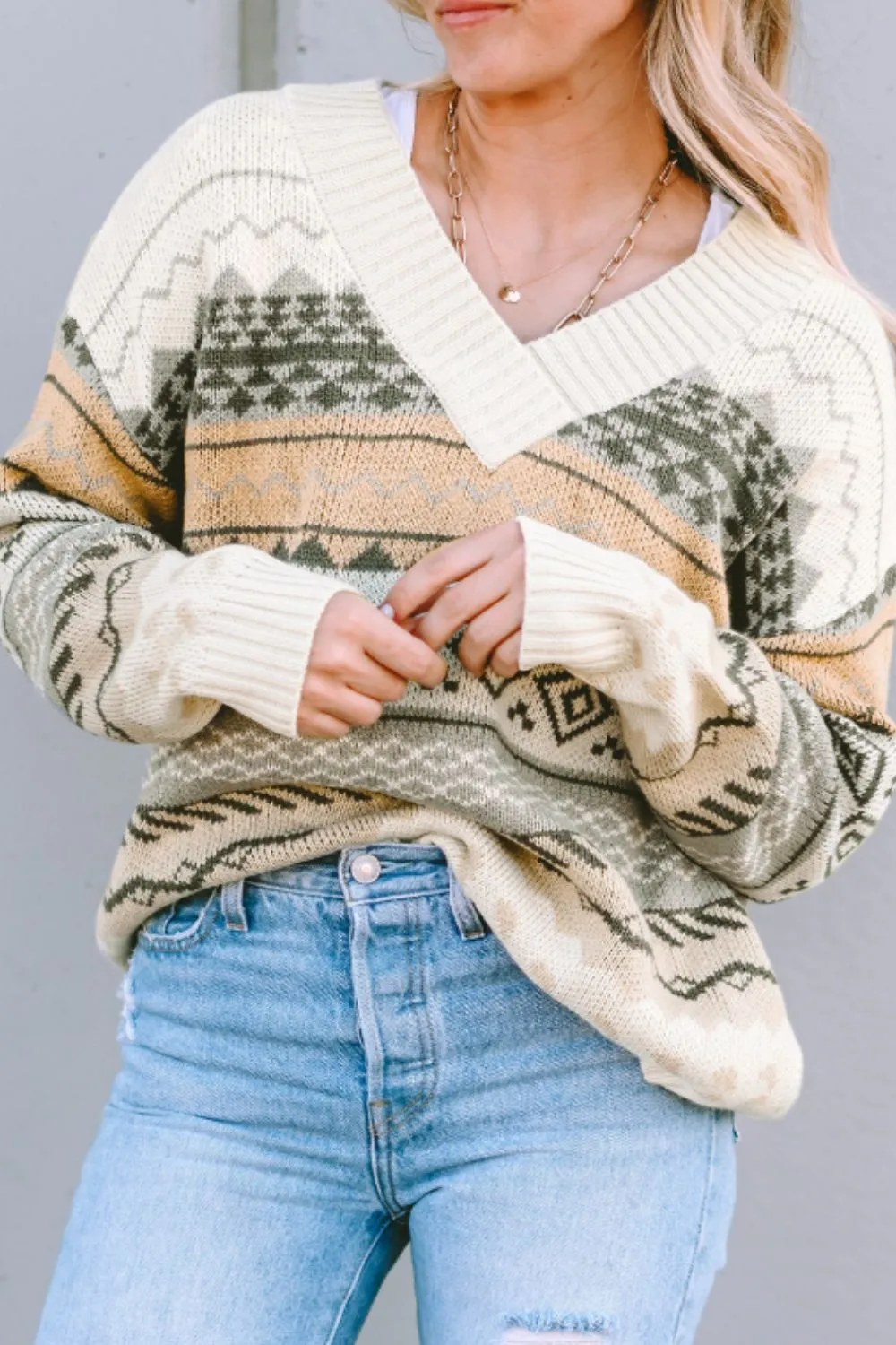 Geometric V-Neck Dropped Shoulder Sweater sold by Charming Charlie product image thumbnail 4