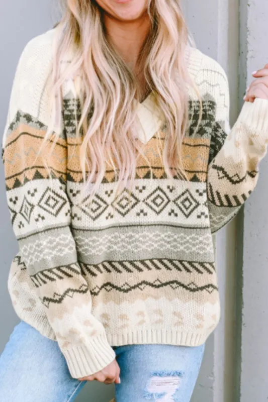 Geometric V-Neck Dropped Shoulder Sweater sold by Charming Charlie