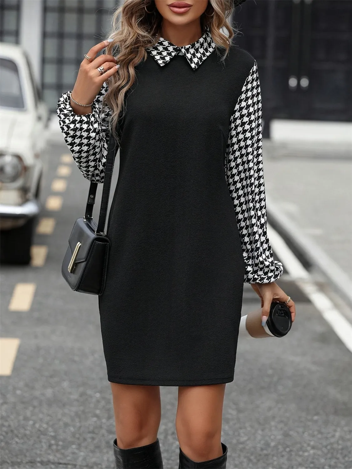 Houndstooth Collared Neck Long Sleeve Mini Dress sold by Charming Charlie