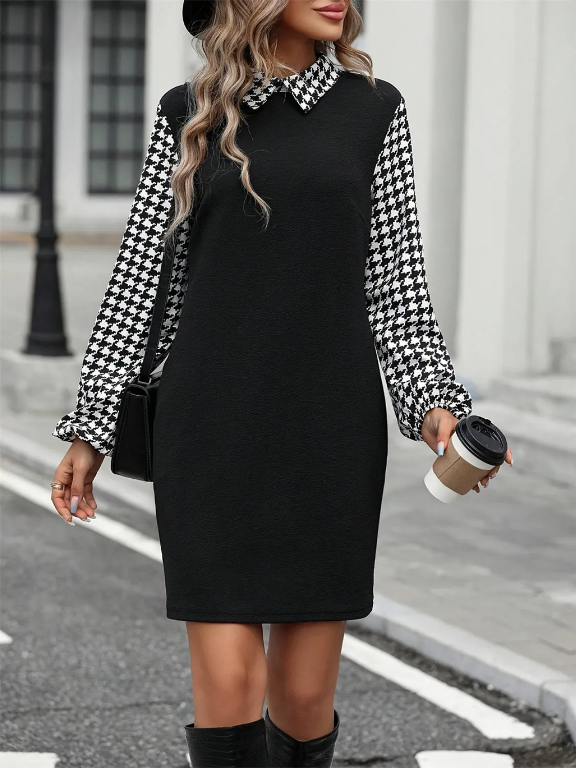 Houndstooth Collared Neck Long Sleeve Mini Dress sold by Charming Charlie product image thumbnail 2