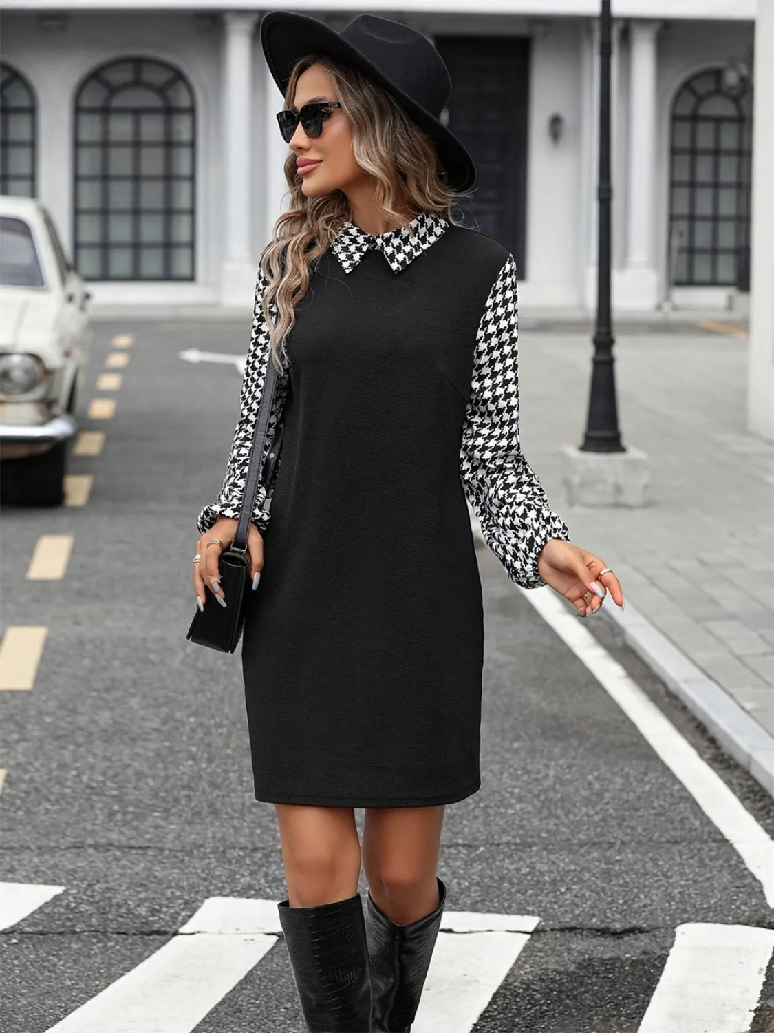 Houndstooth Collared Neck Long Sleeve Mini Dress sold by Charming Charlie product image thumbnail 3