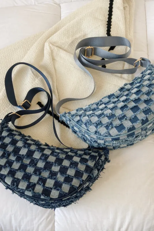 Raw Hem Checkered Denim Crossbody Bag sold by Charming Charlie