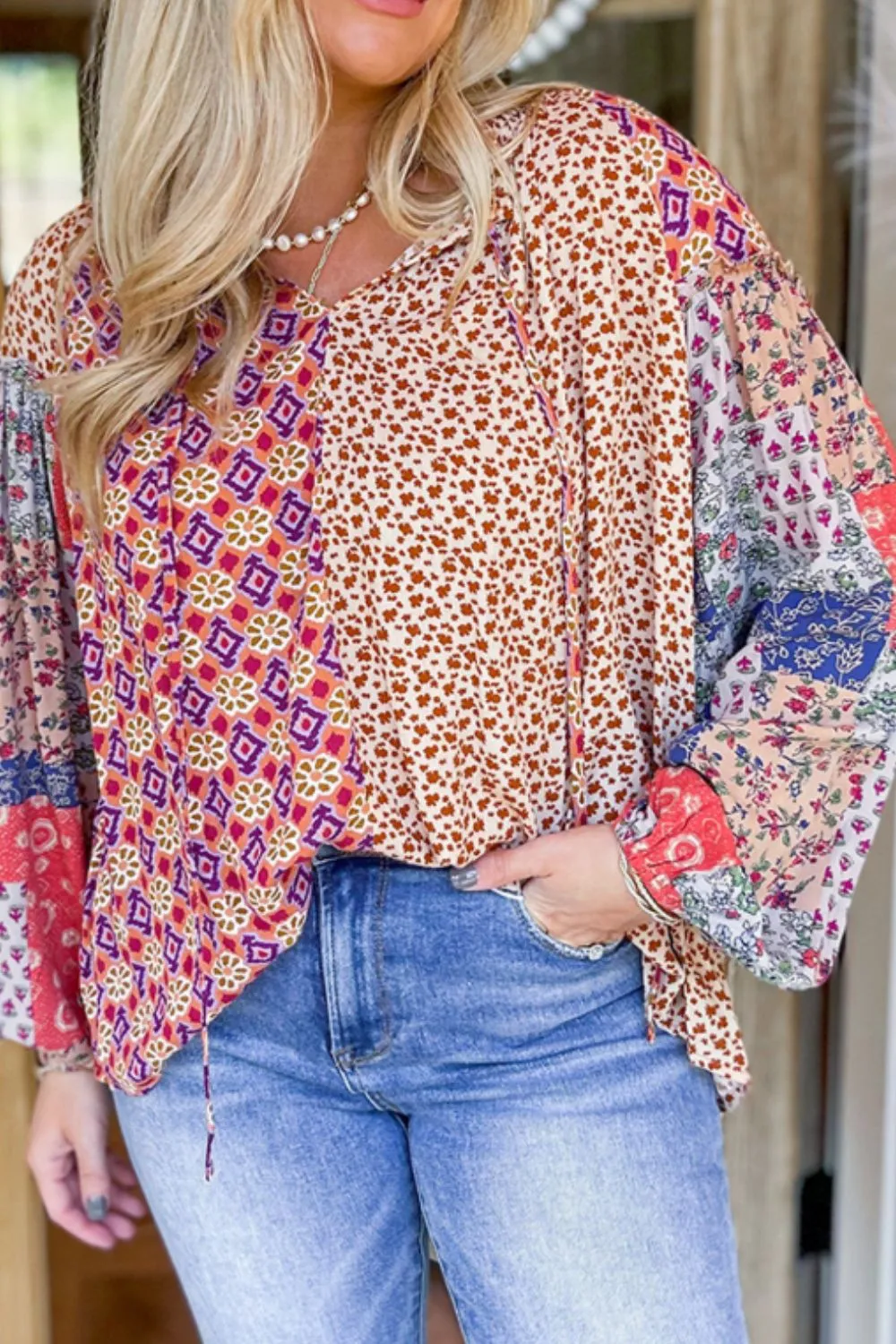 Printed Tie Neck Long Sleeve Blouse sold by Charming Charlie product image thumbnail 4