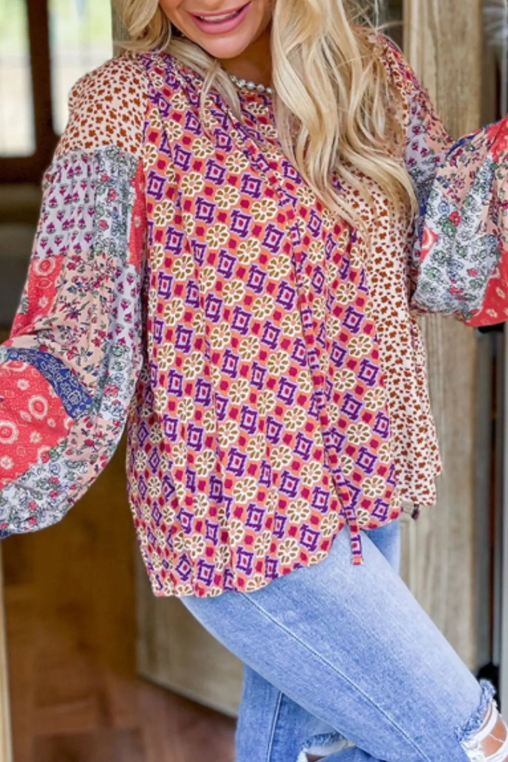 Printed Tie Neck Long Sleeve Blouse sold by Charming Charlie product image thumbnail 3