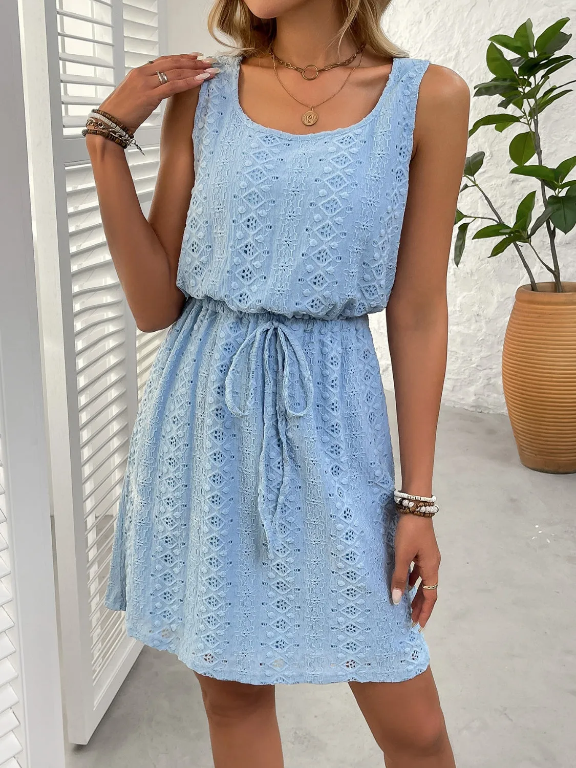 Eyelet Drawstring Round Neck Sleeveless Dress sold by Charming Charlie product image thumbnail 5