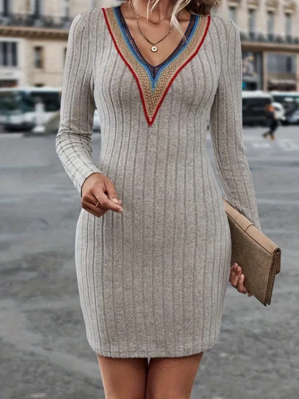 Contrast Detail V-Neck Long Sleeve Dress sold by Charming Charlie