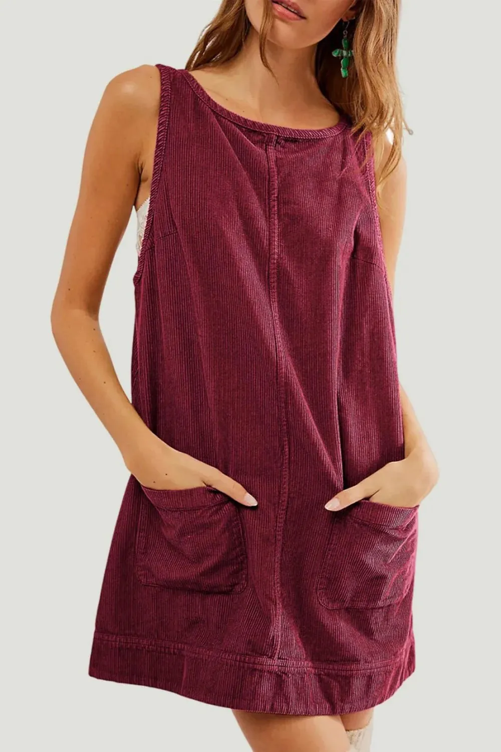 Round Neck Wide Strap Corduroy Mini Dress sold by Charming Charlie
