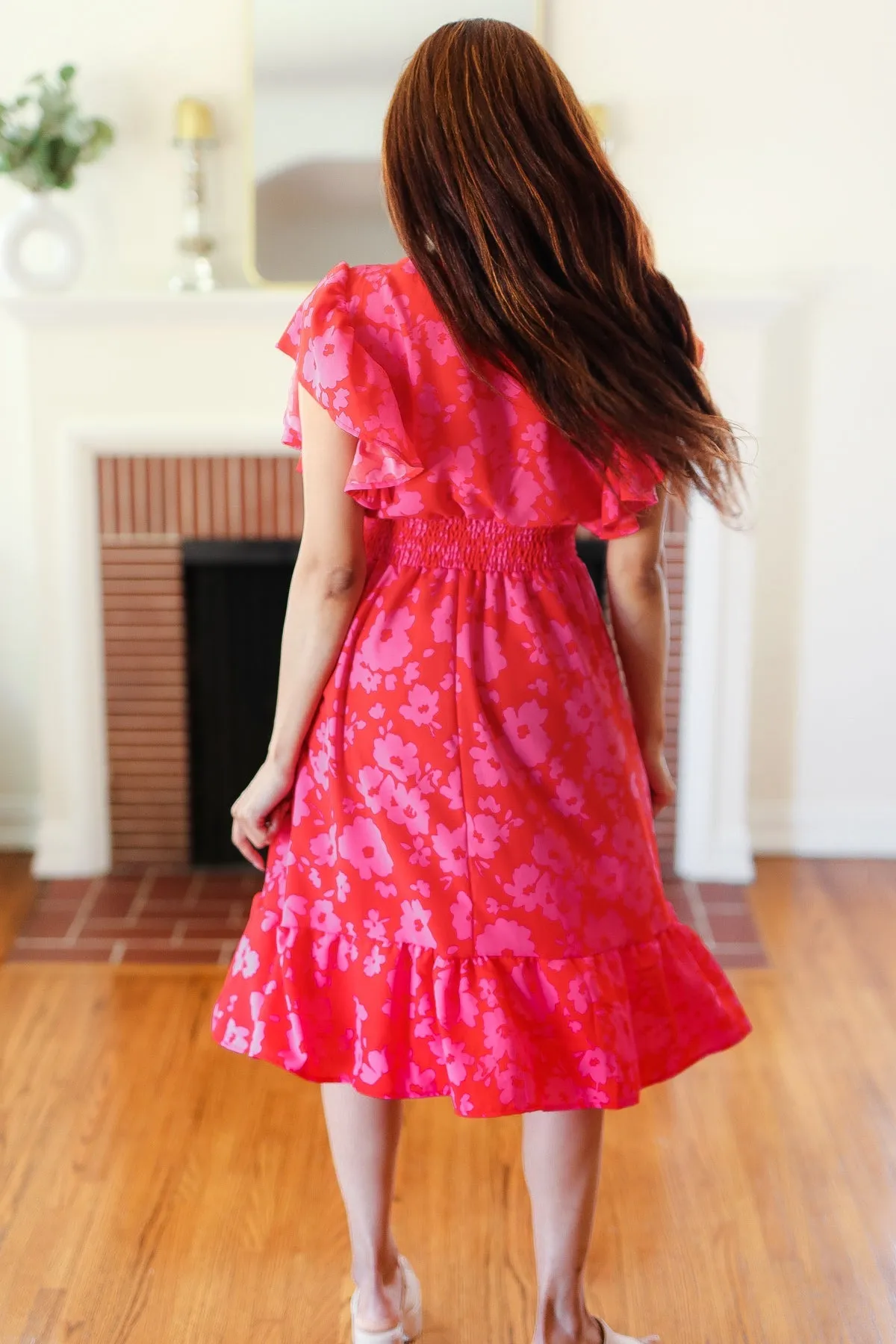 Remember Me Red & Pink Floral Print Smocked Waist Midi Dress sold by Charming Charlie product image thumbnail 5