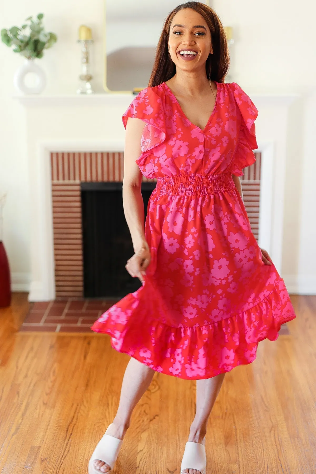 Remember Me Red & Pink Floral Print Smocked Waist Midi Dress sold by Charming Charlie