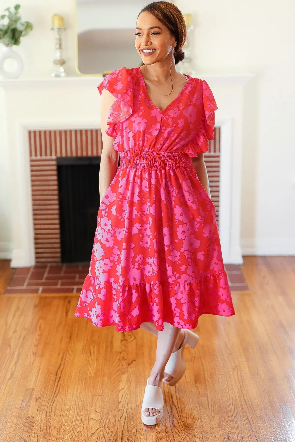Remember Me Red & Pink Floral Print Smocked Waist Midi Dress sold by Charming Charlie product image thumbnail 4