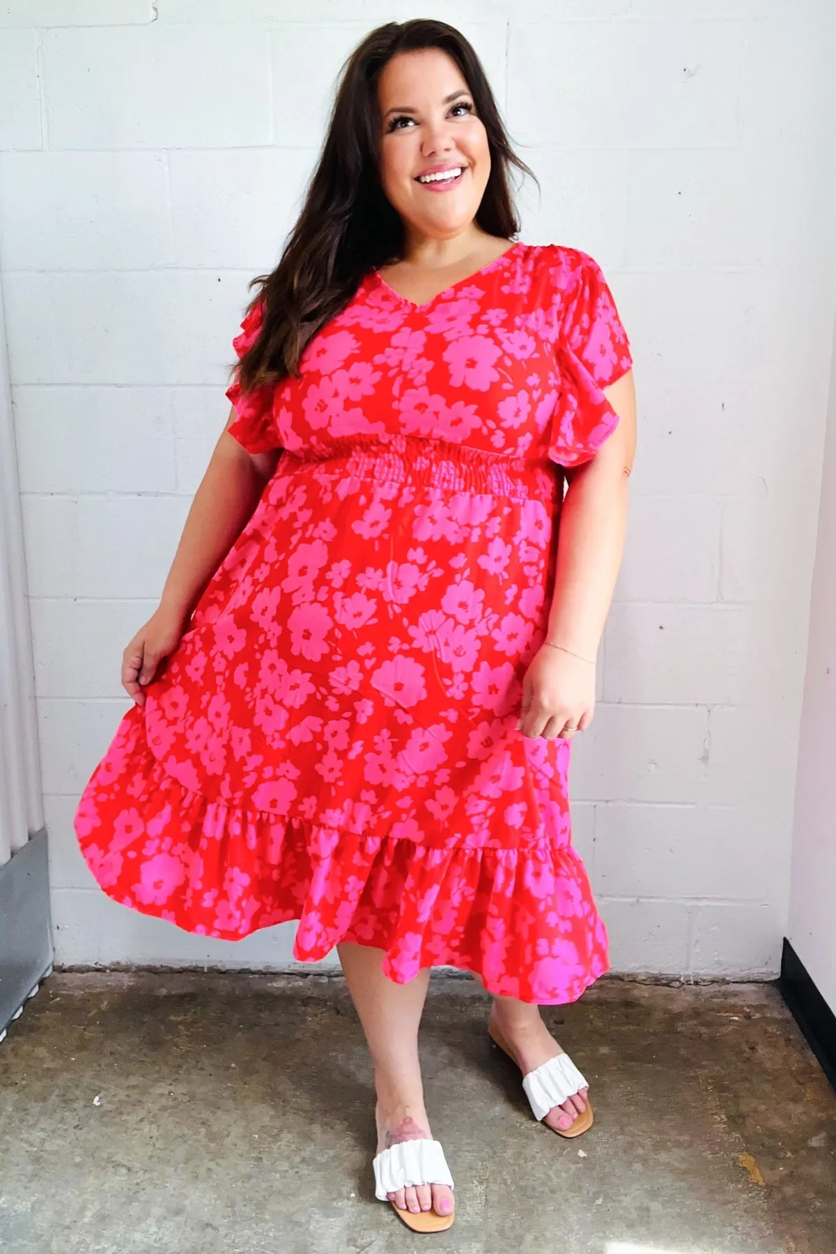 Remember Me Red & Pink Floral Print Smocked Waist Midi Dress sold by Charming Charlie product image thumbnail 2