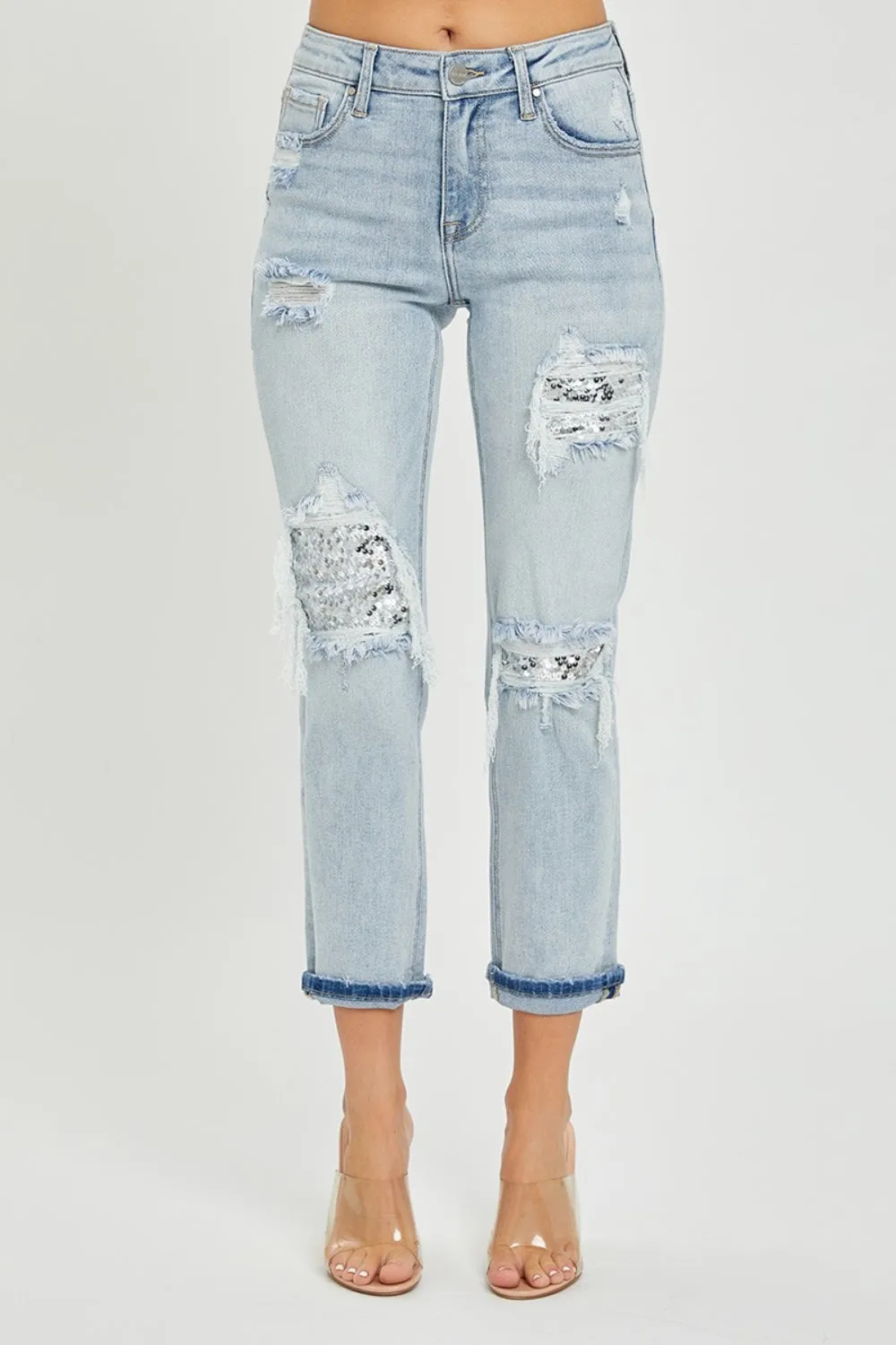 RISEN Mid-Rise Sequin Patched Jeans sold by Charming Charlie product image thumbnail 4