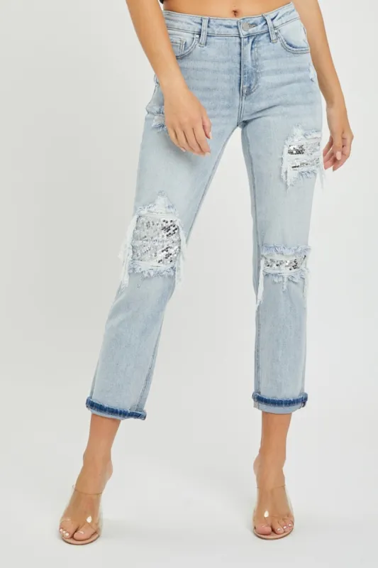 RISEN Mid-Rise Sequin Patched Jeans sold by Charming Charlie