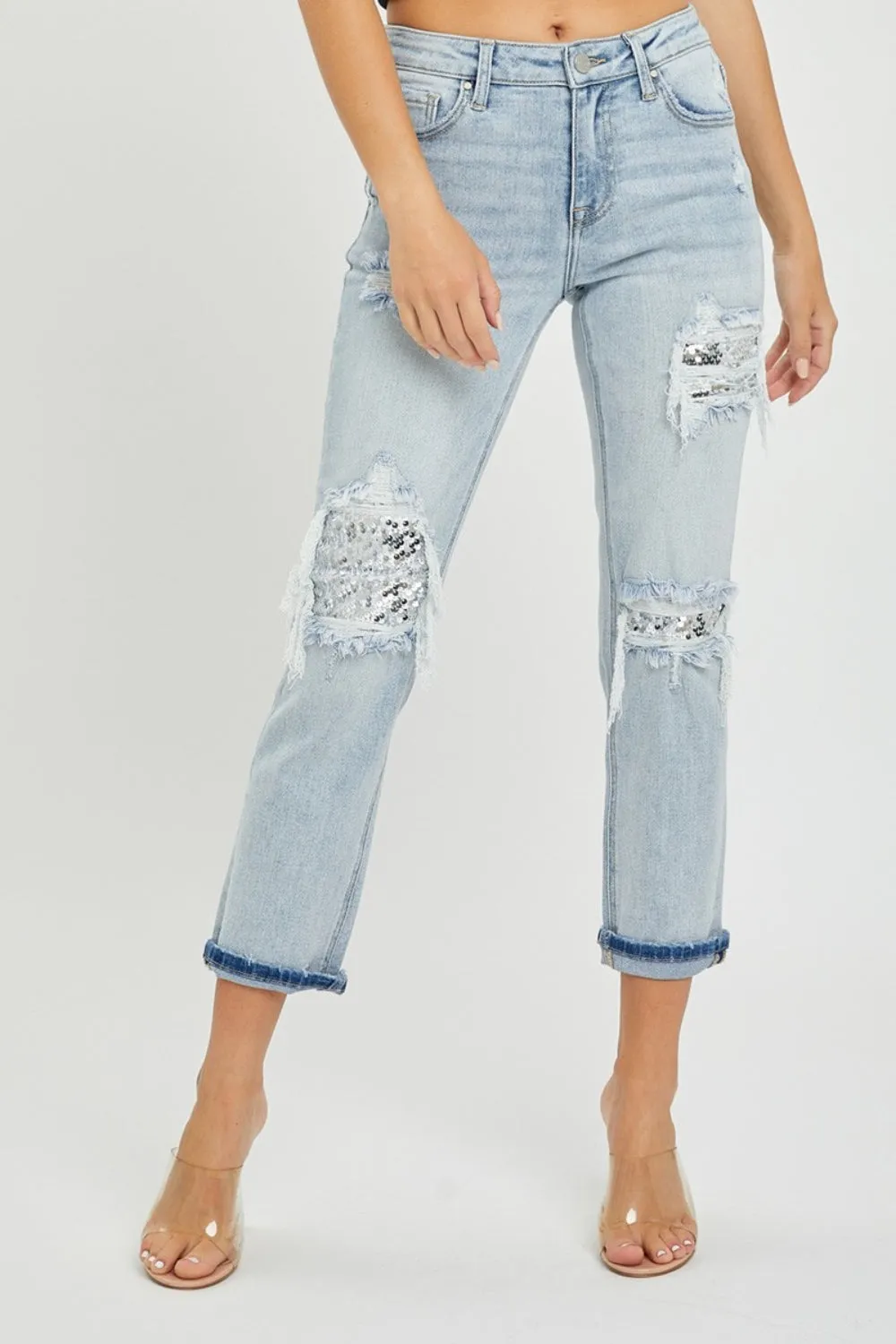 RISEN Mid-Rise Sequin Patched Jeans sold by Charming Charlie