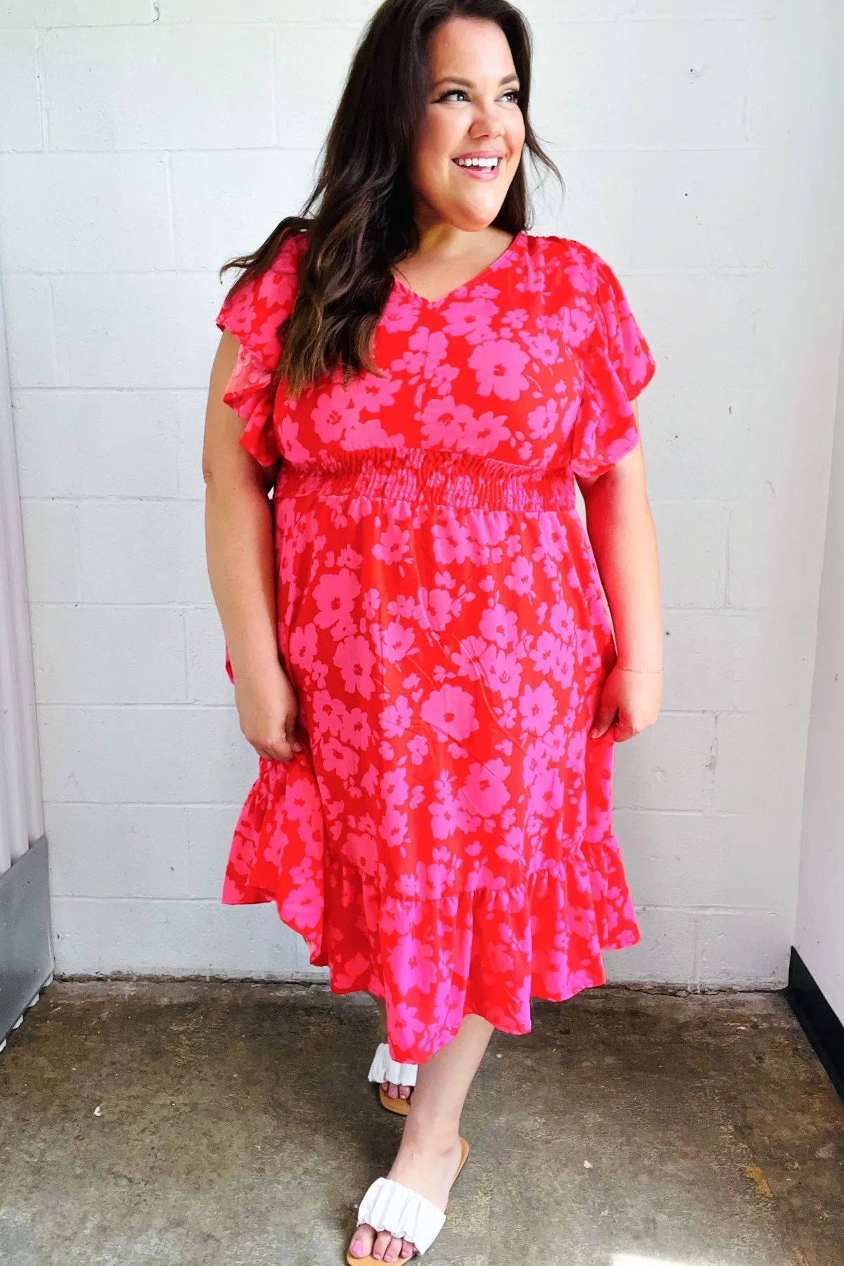 Remember Me Red & Pink Floral Print Smocked Waist Midi Dress sold by Charming Charlie product image thumbnail 3