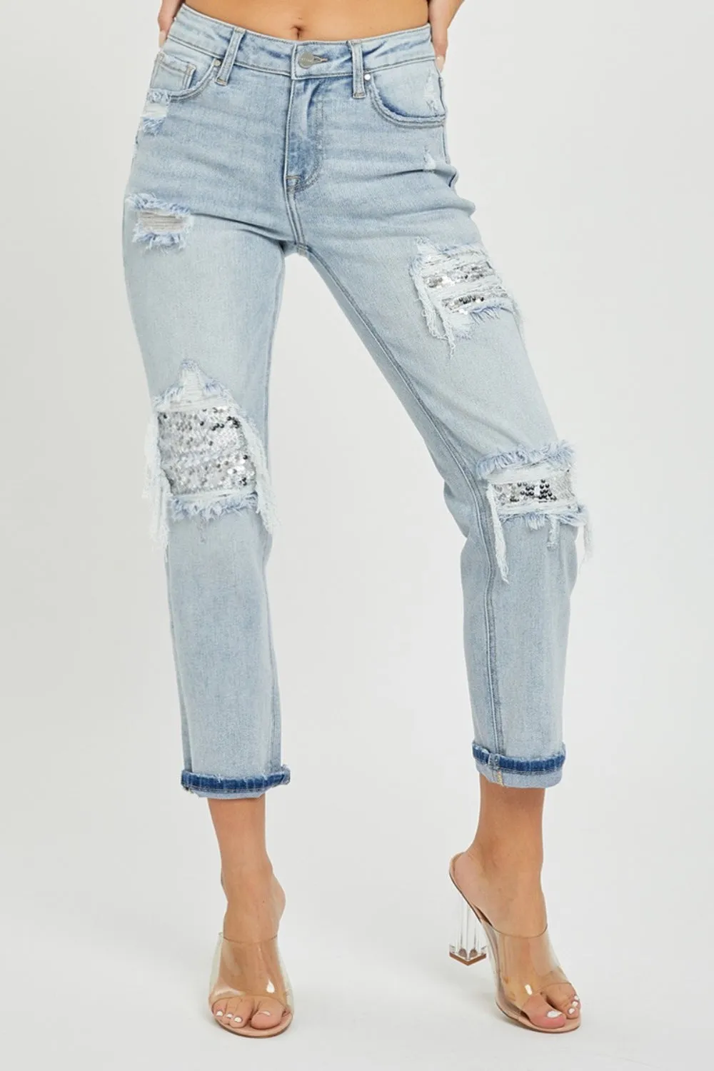 RISEN Mid-Rise Sequin Patched Jeans sold by Charming Charlie product image thumbnail 5