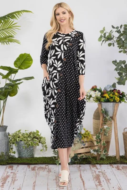 Celeste Full Size Floral Polka Dot Contrast Midi-Dress with Pockets sold by Charming Charlie