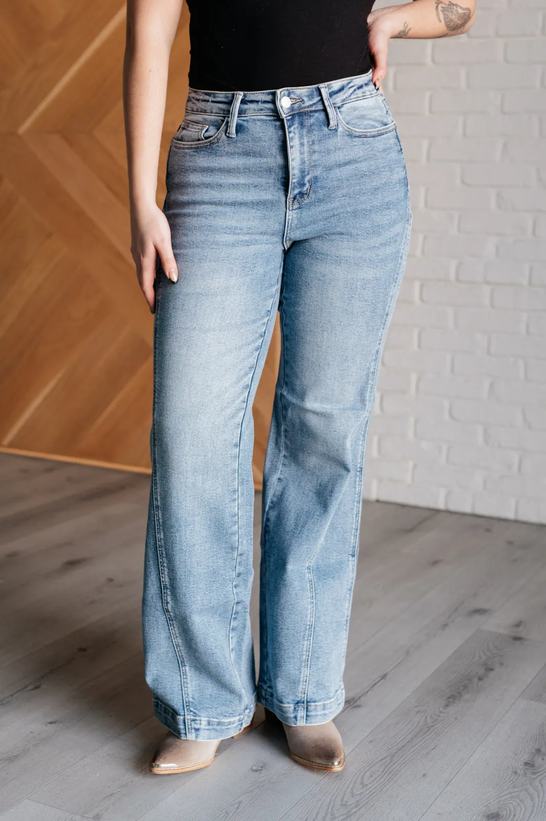 Melia High Rise Side Seam Detail Wide Leg Jeans sold by Charming Charlie