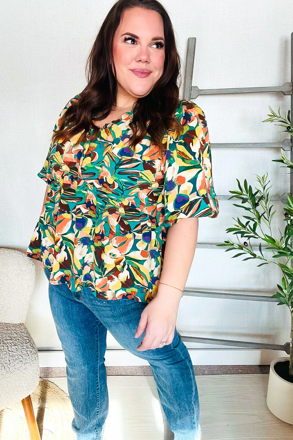 Find Love Green/Yellow Floral Frill Balloon Short Sleeve Top sold by Charming Charlie product image thumbnail 4