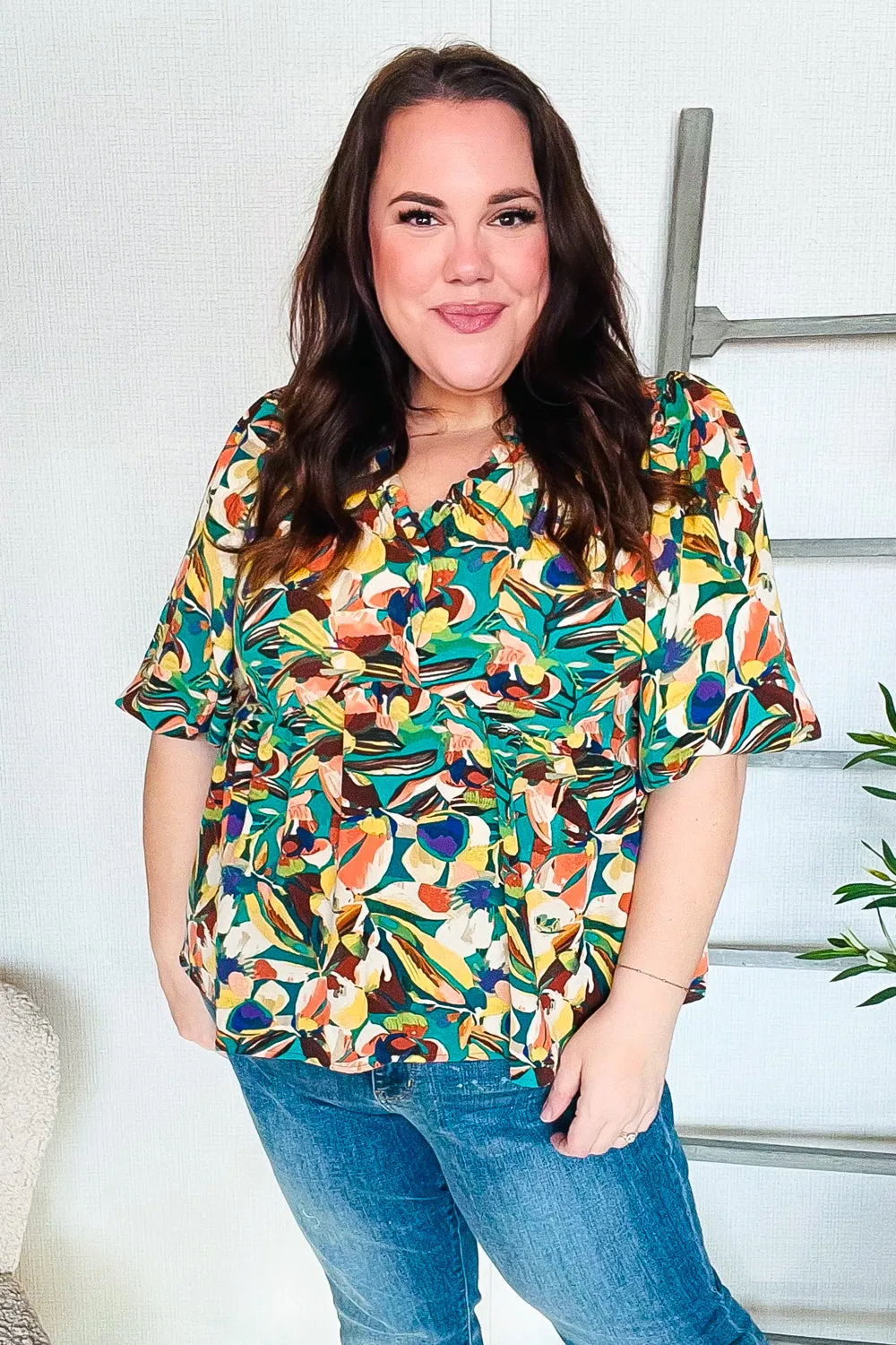 Find Love Green/Yellow Floral Frill Balloon Short Sleeve Top sold by Charming Charlie product image thumbnail 2