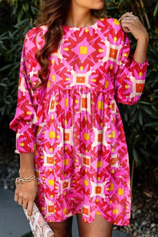 Geometric Print Smocked Long Sleeve Mini Dress sold by Charming Charlie