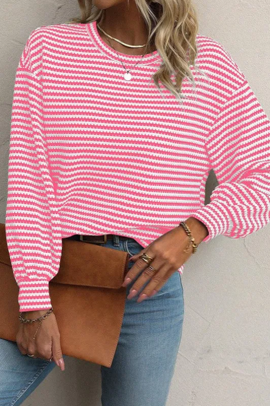 Striped Round Neck Drop Shoulder Long Sleeve Top sold by Charming Charlie