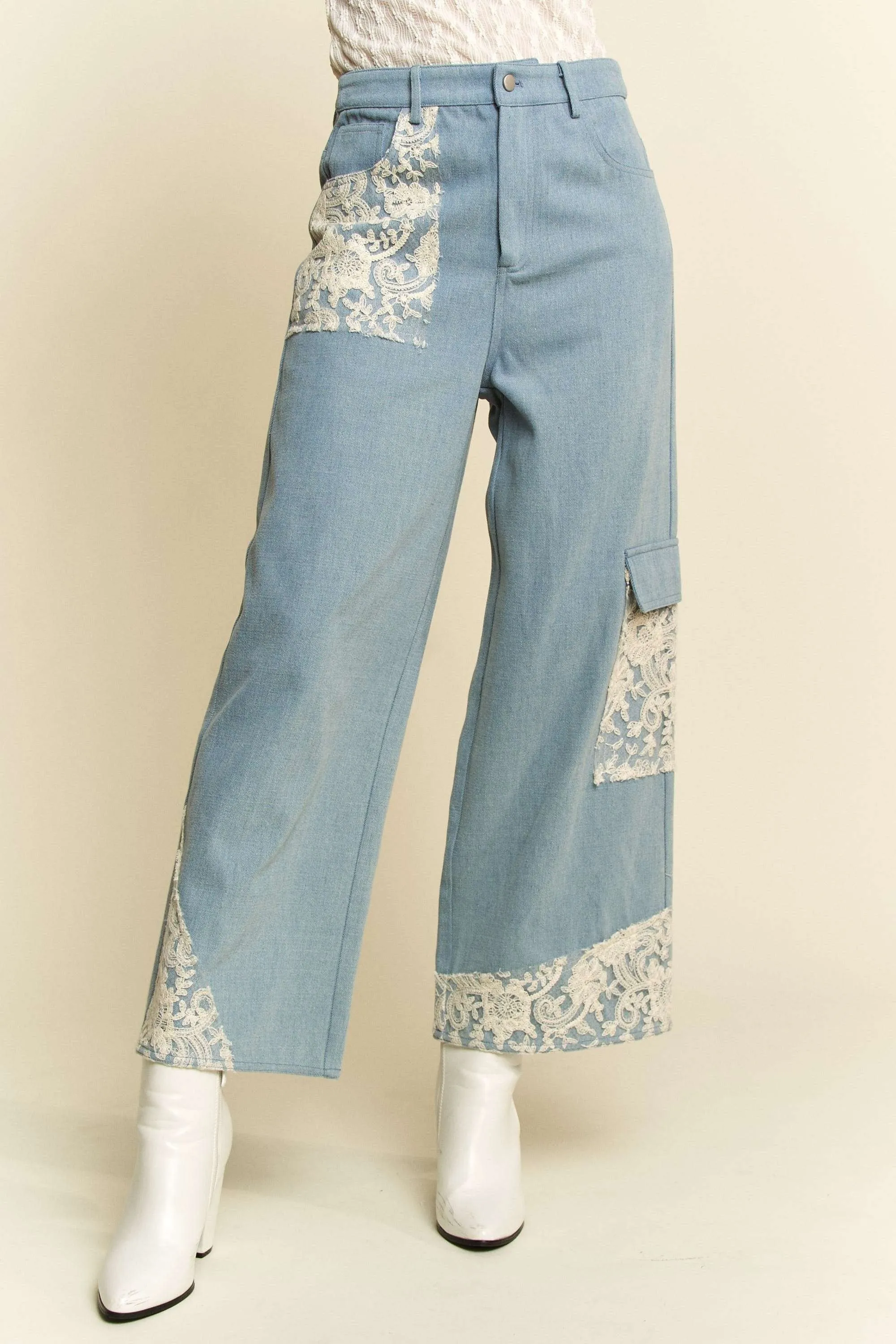 Davi & Dani Lace Applique Wide Leg Jeans sold by Charming Charlie