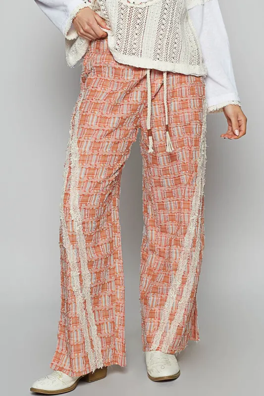 POL Lace Trim Drawstring Checkered Wide Leg Pants sold by Charming Charlie