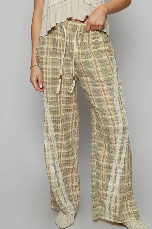 POL Lace Trim Drawstring Checkered Wide Leg Pants sold by Charming Charlie