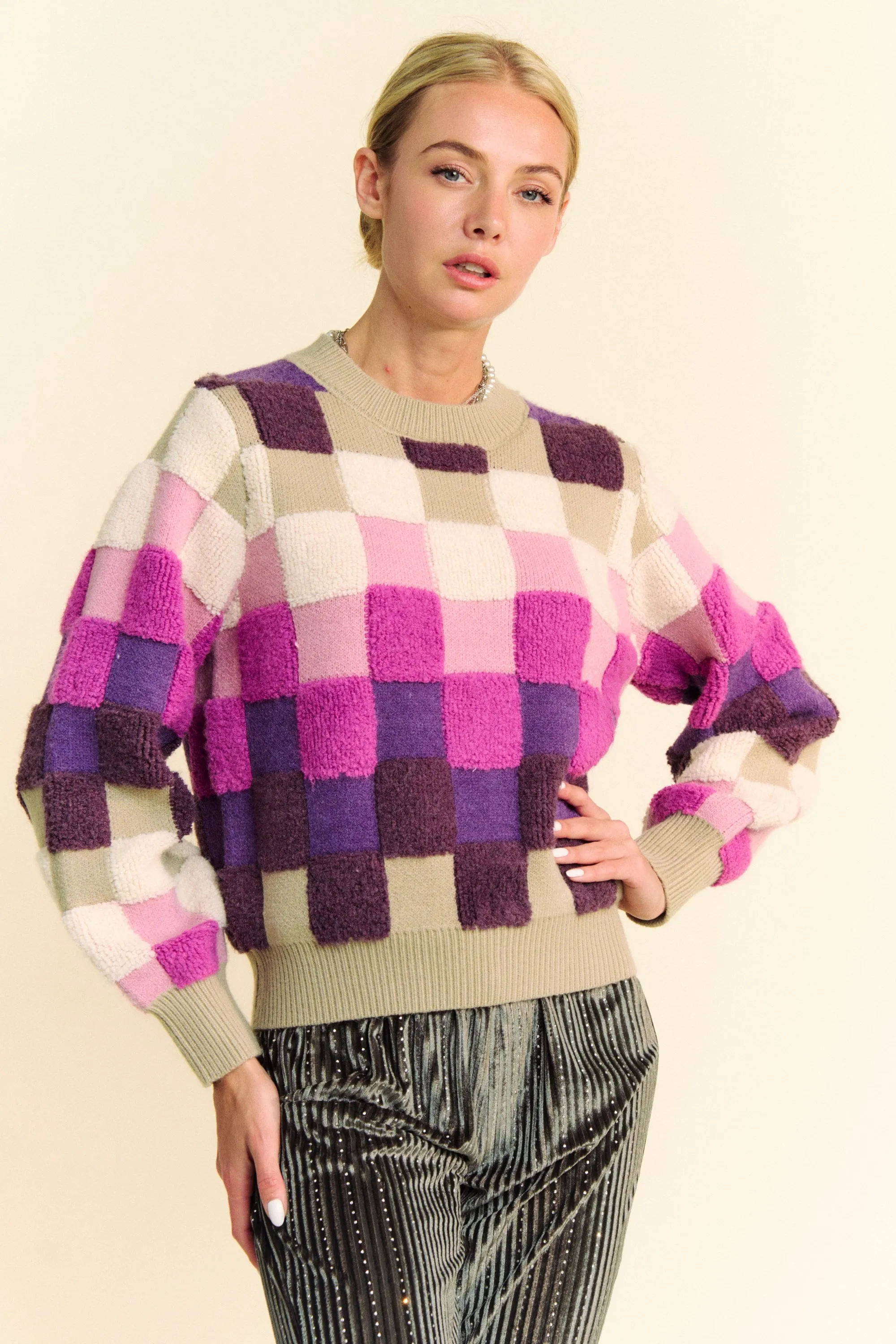 Davi & Dani Checkered Round Neck Long Sleeve Sweater sold by Charming Charlie product image thumbnail 4