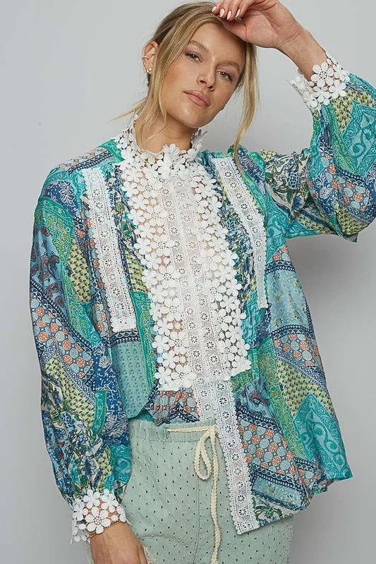 POL Lace Detail Printed Button Down Shirt sold by Charming Charlie product image thumbnail 4