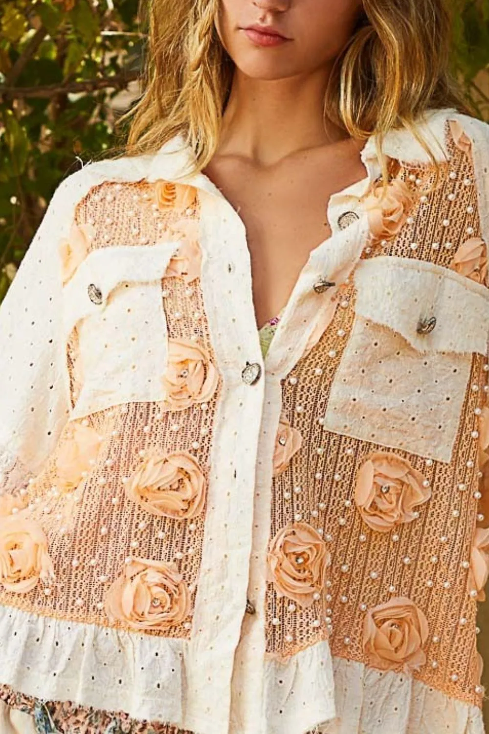 POL Eyelet Flower Pearl Detail Lace Patchwork Shirt sold by Charming Charlie product image thumbnail 3
