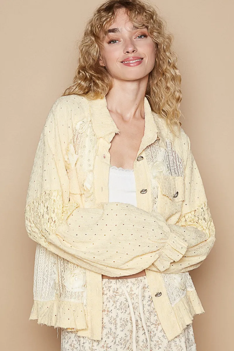 POL Eyelet Flower Pearl Detail Lace Patchwork Shirt sold by Charming Charlie