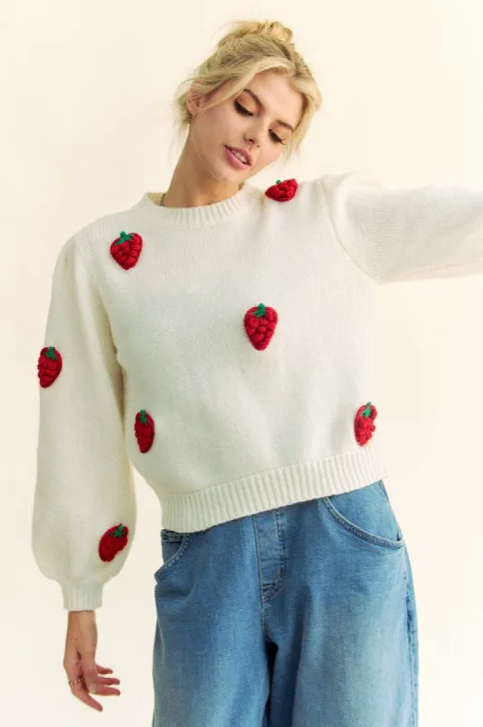 Davi & Dani Crochet Strawberry Round Neck Sweater made by Charming Charlie