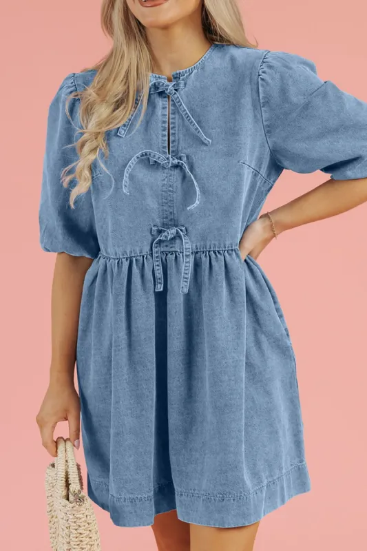 Bowknot Round Neck Half Sleeve Denim Dress sold by Charming Charlie