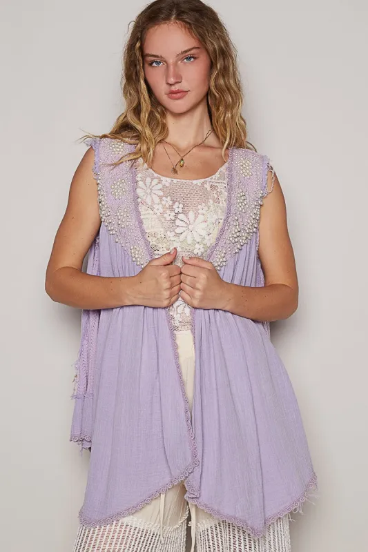 POL Embroidered Pearls Open Front Sleeveless Cardigan sold by Charming Charlie
