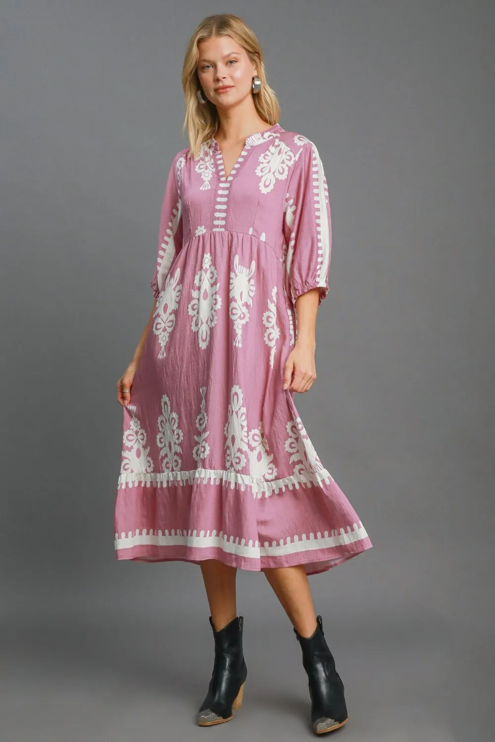 Umgee Printed Notched Midi Dress sold by Charming Charlie