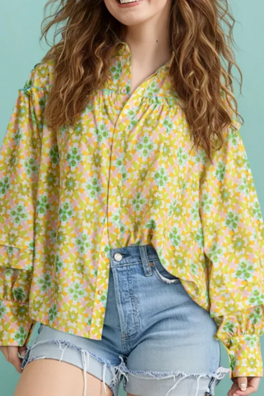 Frill Printed Collared Neck Long Sleeve Blouse sold by Charming Charlie