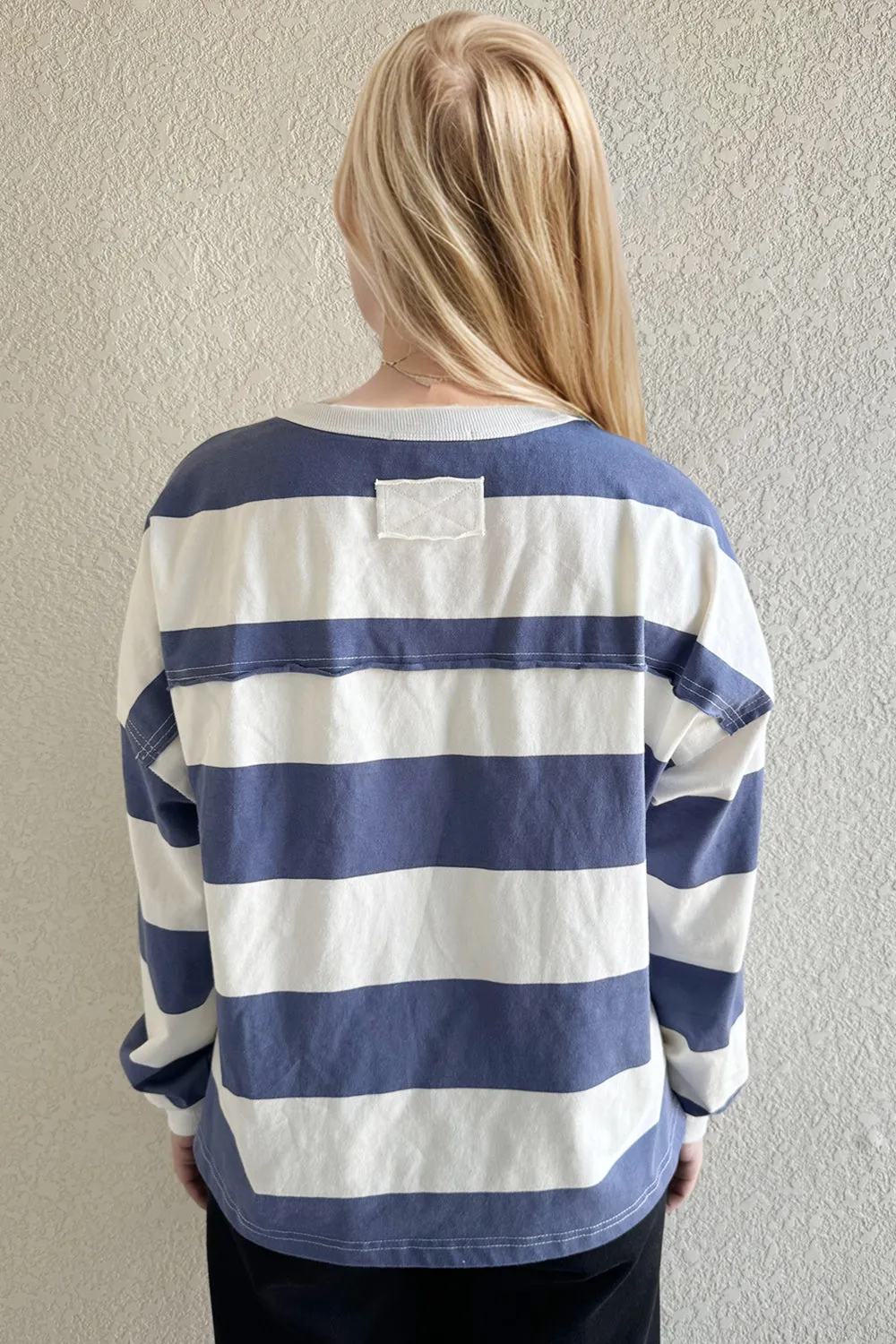 Oh Pima Cotton Wash Exposed Seam Contrast Striped Round Neck Long Sleeve T-Shirt sold by Charming Charlie product image thumbnail 3