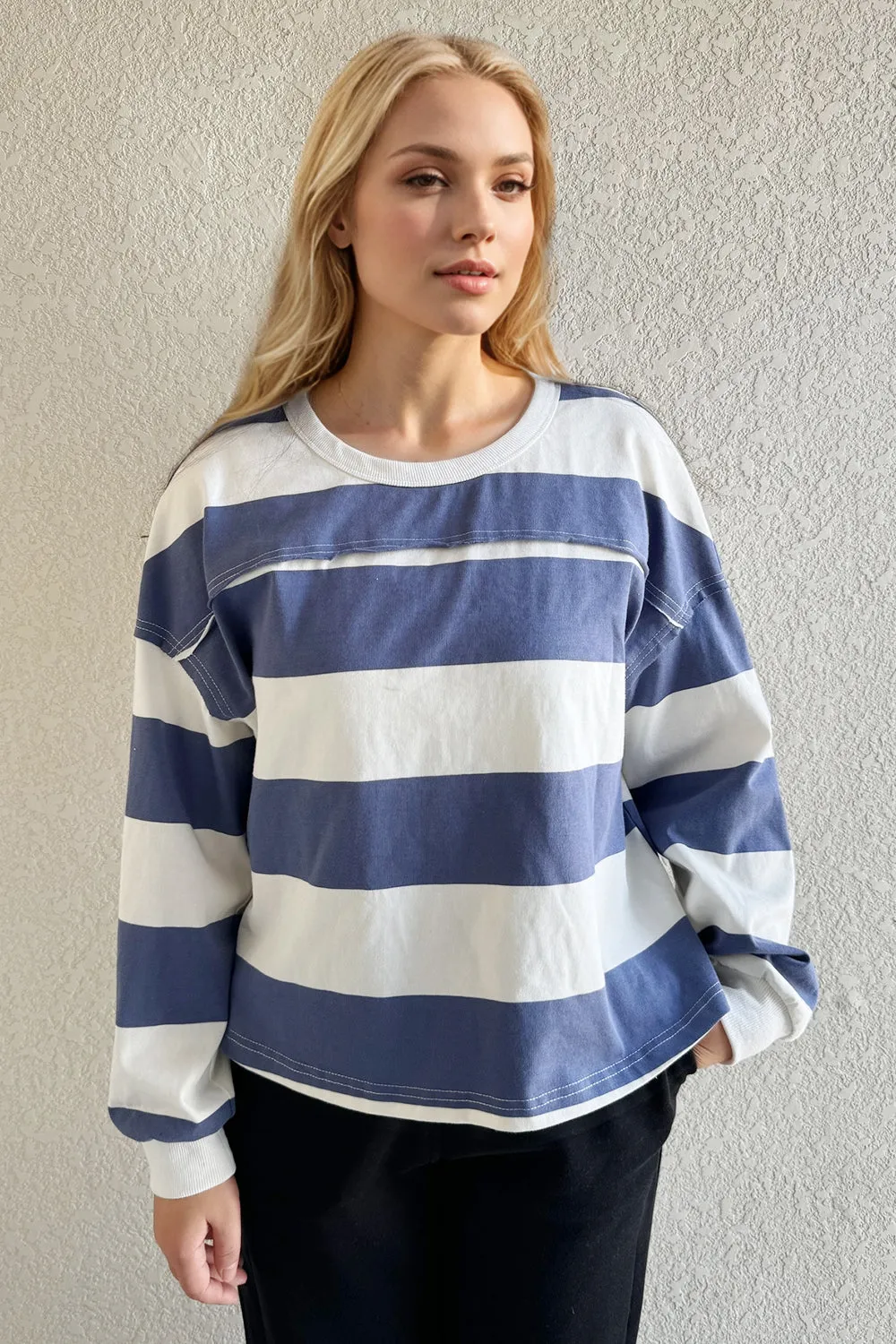 Oh Pima Cotton Wash Exposed Seam Contrast Striped Round Neck Long Sleeve T-Shirt sold by Charming Charlie