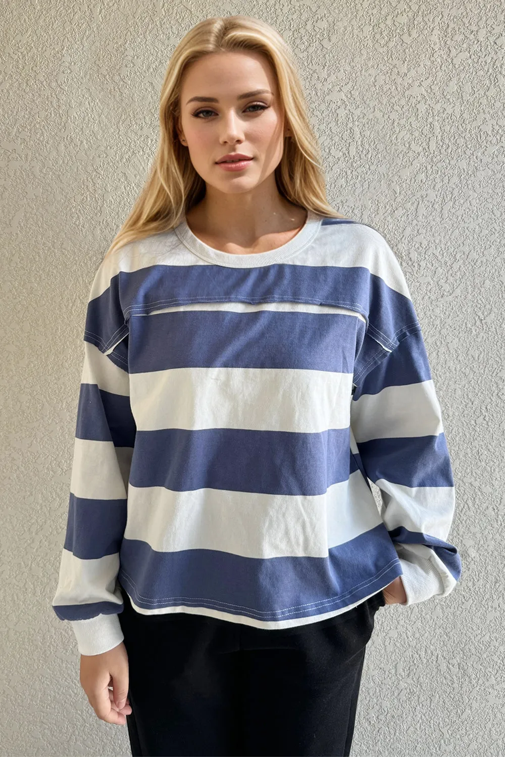 Oh Pima Cotton Wash Exposed Seam Contrast Striped Round Neck Long Sleeve T-Shirt sold by Charming Charlie product image thumbnail 2