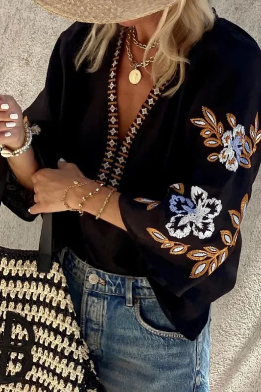 Embroidered V-Neck Three-Quarter Sleeve Blouse sold by Charming Charlie